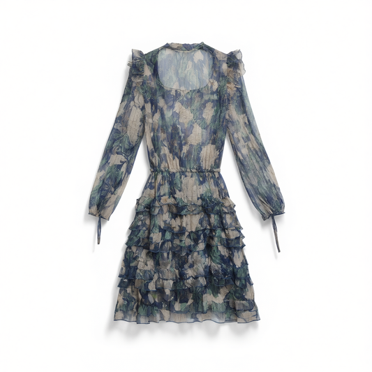 [347]NG     Silk Floral Print Dress Premium Slimming Elegant Tiered Skirt Mulberry Silk Fairy Style Short Dress