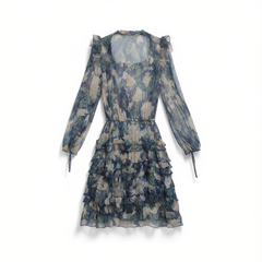 [347]NG     Silk Floral Print Dress Premium Slimming Elegant Tiered Skirt Mulberry Silk Fairy Style Short Dress