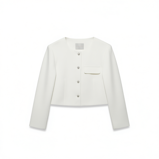 [834]G   Shangdubila White Chanel Style Women's 2025 Spring New Arrival Round Neck Short Cardigan Office Wear Straight Shoulder Top