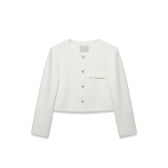 [834]G   Shangdubila White Chanel Style Women's 2025 Spring New Arrival Round Neck Short Cardigan Office Wear Straight Shoulder Top