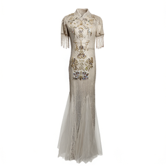[113]NM  Exquisite Chinese Qipao Evening Gown with Stunning Sequins, High-End Light Luxury, Niche and Elegant, Perfect for Hosting, Adult Toasting, or Engagement, Shimmering