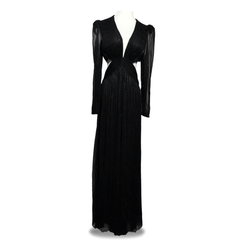 [672]NG      Textured shiny high-end elegant Hepburn style V-neck lantern sleeve high-waist hollow out dress