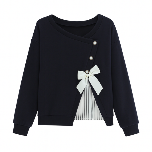 [513]MS Plus Size Retro Double-Layered Long Sleeve Hoodie Women's 2025 New Autumn Bow Plus Size Flattering Top