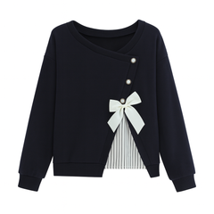 [513]MS Plus Size Retro Double-Layered Long Sleeve Hoodie Women's 2025 New Autumn Bow Plus Size Flattering Top