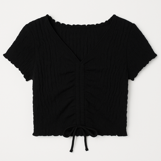 [514]MS [Promotional Price] Women's Short-Sleeve T-Shirt Summer Lightweight Ice Silk Knit Top Exposed Collarbone Ruffled Edges Tie-Up Short Top Paired with High-Waist Pants