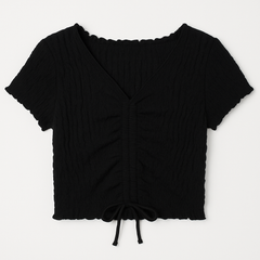 [514]MS [Promotional Price] Women's Short-Sleeve T-Shirt Summer Lightweight Ice Silk Knit Top Exposed Collarbone Ruffled Edges Tie-Up Short Top Paired with High-Waist Pants