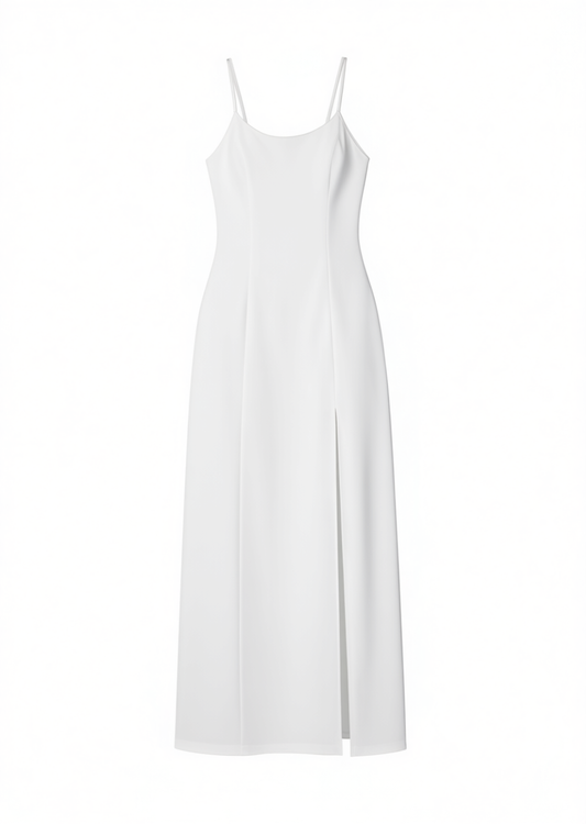 [187]NN Thai Resort Dress - Ethereal Beach Dress with Backless Design, Floor-Length Slit, White Flowy Style