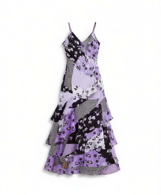 [441]NN Azure French Vintage Tied Printed Dress with Designer Touch Elaborate Tailored Waist Floral Print Dress Slimming and Brightening