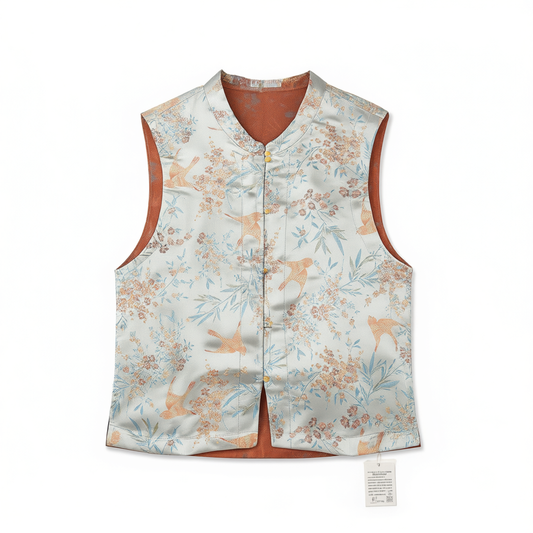[049]N   [Qiaoqin] New Chinese Style Mulberry Silk Stand-Up Collar Women's Daily Wear Vintage Song Brocade Straight-Front Vest 89910