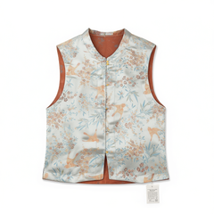 [049]N   [Qiaoqin] New Chinese Style Mulberry Silk Stand-Up Collar Women's Daily Wear Vintage Song Brocade Straight-Front Vest 89910