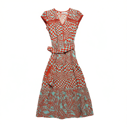 [709]GM   Palm Tree Print Covered Sleeves Tailored Waist Women's Summer 2022 Elegant Long Dress F2153