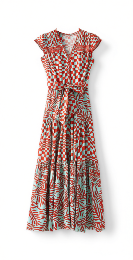 [709]GM   Powerful Presence! Bella Palm Tree Print Covered Sleeves Tailored Waist Women's Summer 2022 Elegant Long Dress F2153