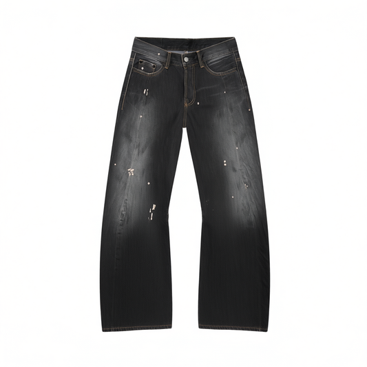 [427]GG     Heavyweight Dark Tea-Colored Retro Mid-Low Rise Distressed Hand-Painted Ink-Splashed Scimitar Jeans