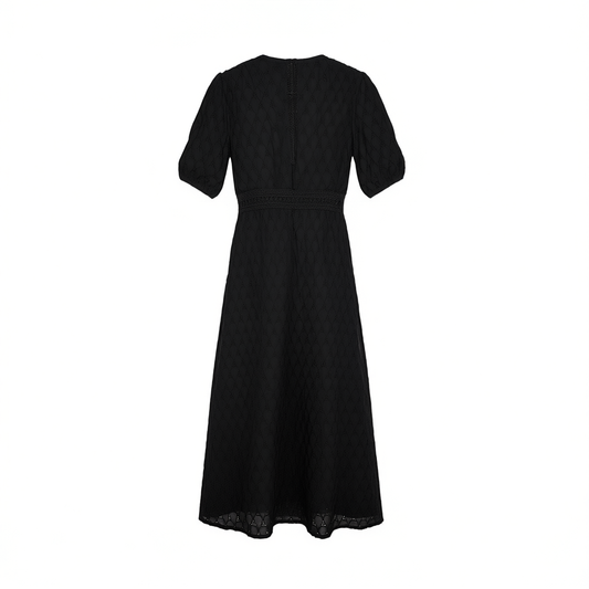 [597]NG   Spring Summer New Arrival Delicate Embroidered Geometric Jacquard V-Neck Puff Sleeve A-Line Pure Cotton Dress