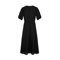 [597]NG   Spring Summer New Arrival Delicate Embroidered Geometric Jacquard V-Neck Puff Sleeve A-Line Pure Cotton Dress