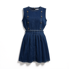 [196]G     SP Haute Couture Spring/Summer IULV French-style Lacquer-inspired Blue Denim Dress with Rhinestone Buckle, Cut-out Waist Design, Pleated Sleeveless Midi Dress for Women