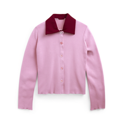 [924]N ORG Raspberry Rose Pink and Red Collar Slim-Fit Flattering Versatile Sweet Commuter Knit Base Top