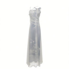 [723]G    Salty Salt Tea Deep Sea Star Mesh Print New Halter Dress for Women, High-Waist Hot Girl Suspender Maxi Dress