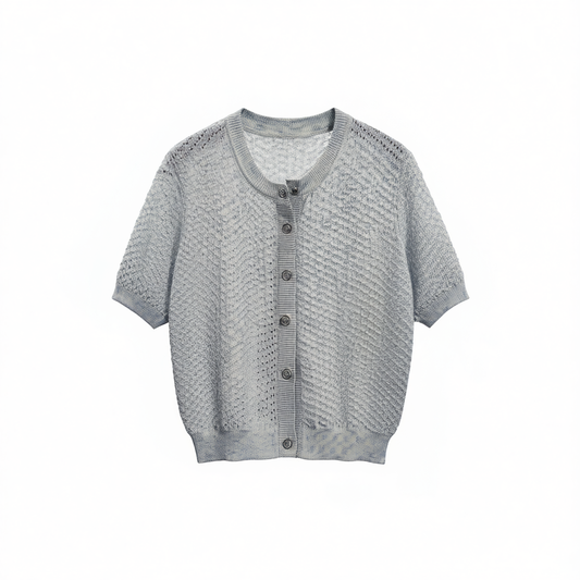 [453]NM   Easy Knit Cardigan Cotton Linen Small Chanel Flower Yarn - Round Neck Short Sleeve