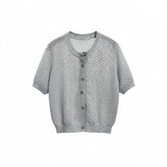 [453]N Meiyang MEIYANG [In Stock] Easy Knit Cardigan Cotton Linen Small Chanel Flower Yarn - Round Neck Short Sleeve - Monday