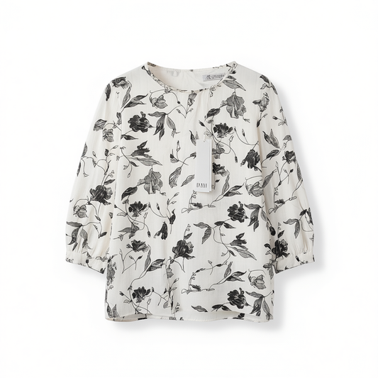[212]N Fenidi 2025 Spring New Simple Round Neck Printed Elegant French Style Blouse with Three-Quarter Sleeves for Women