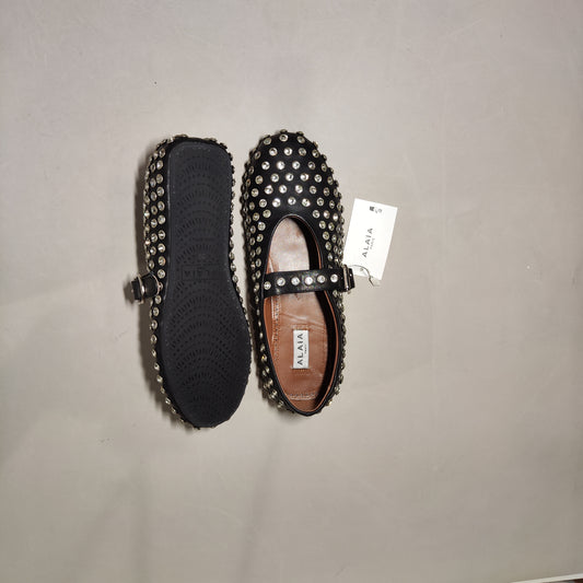 [557]GG   French Genuine Leather Round Toe Rhinestone Rivet Mary Jane Flats Fairy Ballet Dancing Shoes