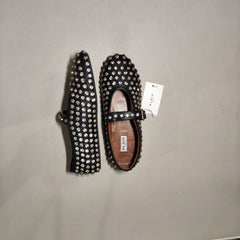 [557]GG   French Genuine Leather Round Toe Rhinestone Rivet Mary Jane Flats Fairy Ballet Dancing Shoes