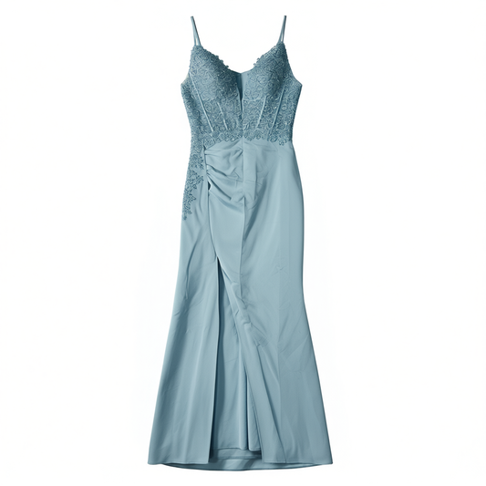 [856]N Xin X HONG GONG HIGH-END EVENING DRESS BLUE ELEGANT FISHBONE EMBROIDERY STRAP TASS