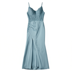 [856]N Xin X HONG GONG HIGH-END EVENING DRESS BLUE ELEGANT FISHBONE EMBROIDERY STRAP TASS