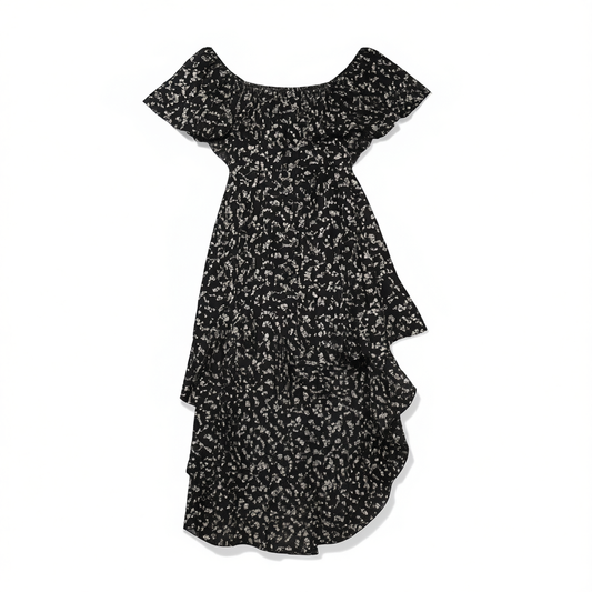 [584]NM  Black Polka Dot Long Dress, Irregular One-Shoulder