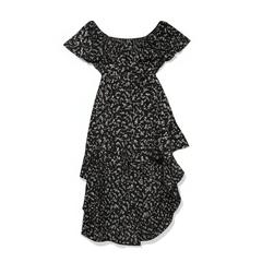 [584]N Luna7xi Black Polka Dot Long Dress, Irregular One-Shoulder
