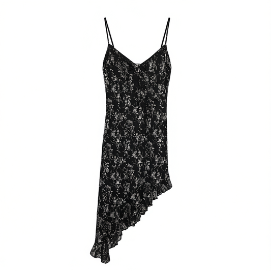 [352]NM Women's Black Floral Strap Dress Summer New Arrival Waist-Cinching Slimming Irregular Midi Dress