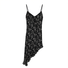 [352]N Luna7xi Women's Black Floral Strap Dress Summer 2025 New Arrival Waist-Cinching Slimming Irregular Midi Dress