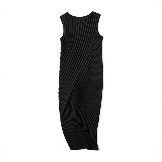 [467]GG     Elegant Pure Color Dress with Year-Ring Pleats, Cool and Smooth Fabric, Sleeveless Mid-Length Vest Dress for Women