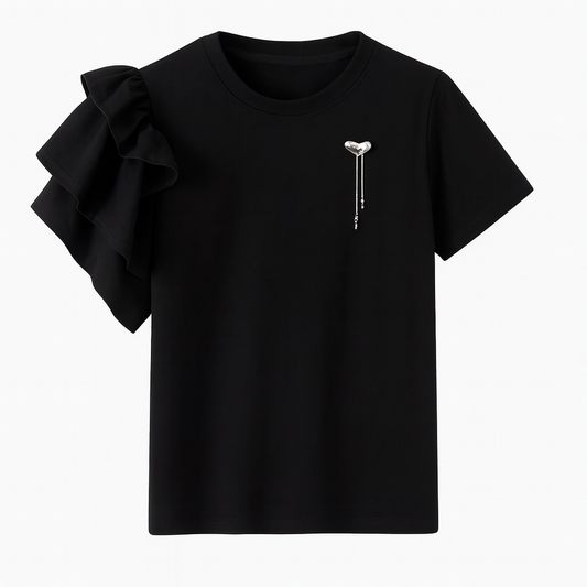 [607]MS Zhique Women's Black Irregularly Pieced Ruffled Short Sleeve T-Shirt, Unique, Stylish, and Super Cool for Summer