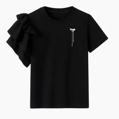[607]MS Zhique Women's Black Irregularly Pieced Ruffled Short Sleeve T-Shirt, Unique, Stylish, and Super Cool for Summer
