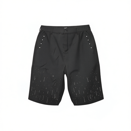 [823]G    LostMyself Elegant Ruby Hot Fix Embroidered A-Line Loose Wide-Leg Pleated Striped Capri Dress Pants Shorts