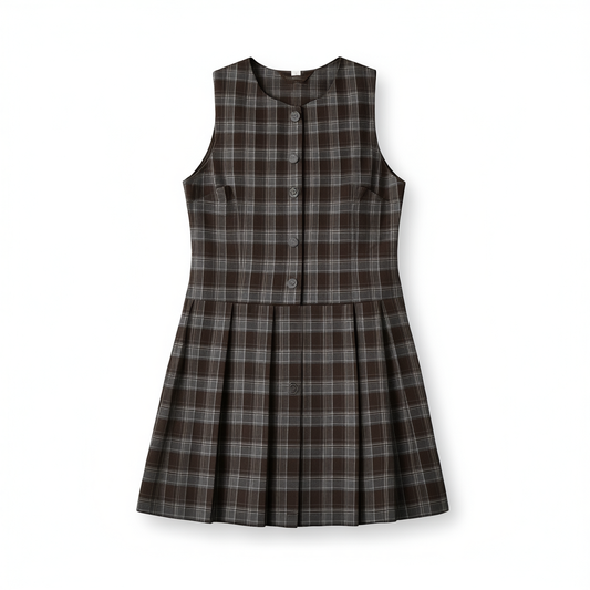 [257]NG     Round Neck Sleeveless Vest Dress for Women Loose Spliced Pleated Mini Dress