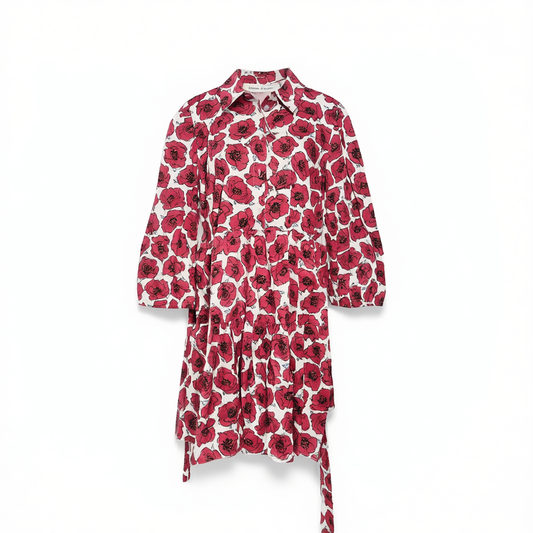 [436]GM    Commuter fashion  lapel short-sleeve tied waist print A-line dress F2624