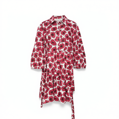 [436]G    Commuter fashion  lapel short-sleeve tied waist print A-line dress F2624