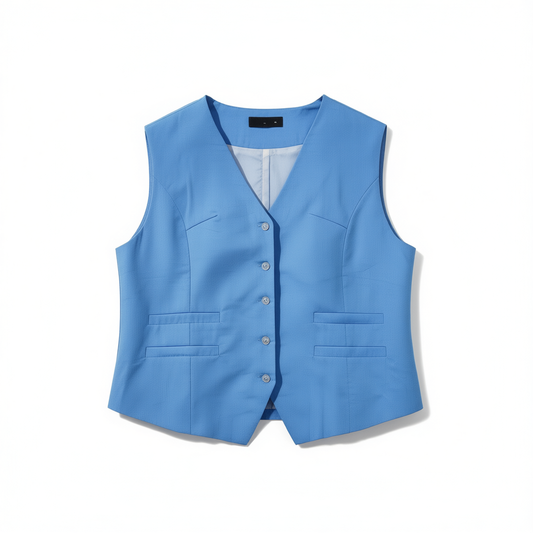 [010]NM  Summer women's fashion coordinated set - stylish street-ready blue cotton-linen V-neck blazer and vest two-piece set