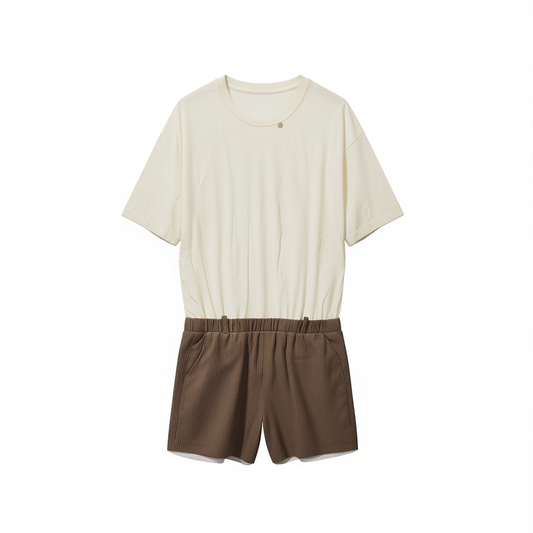 [599]MM  Timeless Constructed Color-Block Faux Two-Piece Casual Women's Waist-Cinching Summer Mini Dress