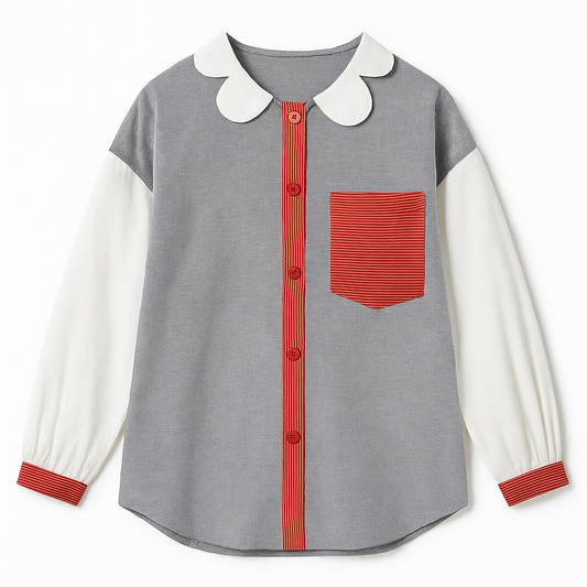 [635] MS Spring and Autumn New Collection Unique and Beautiful Silk Blouse with Puffed Sleeves, Korean Style, Youthful Blue Long-Sleeve Shirt for Women