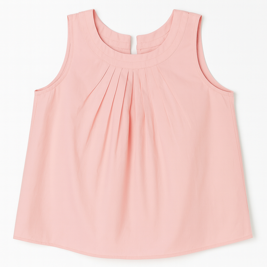 [650]GS  kk¡¤studio Curated Selection ~ Sweet Pink Round Neck Sleeveless Vest Top for Women, Summer Pleated Baby Doll Top