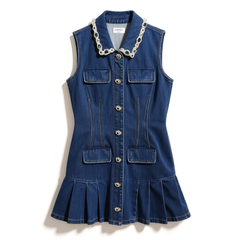[189]G  Miu Miu Style Denim Blue Sleeveless Vintage Pleated Skirt Dress New Women's Clothing