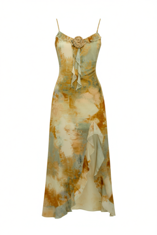 [025]JN Drowning Three Fish Retro Romantic Gradient Unusual Slit Women's Summer Vacation Beach Knit Strap Long Dress