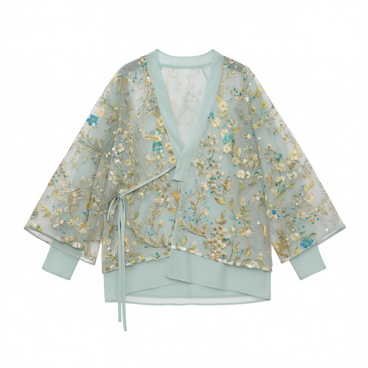 [283]G   Guoguo Jia Emerald Shadow Flower Branches New Chinese Style Embroidered Jacquard Jacket Women's Spring New Fashion Elegant Top