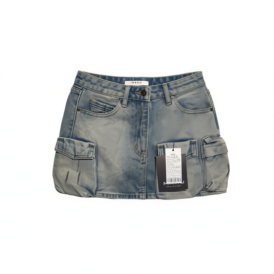 [052]N  Maruco Heavy Distressed Wash! Workwear Denim Skirt High-Waisted Slimming Retro A-Line Skirt Women's Short Skirt