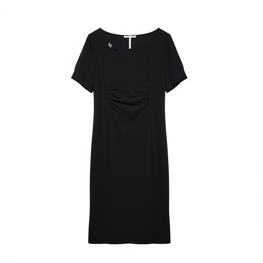 [190]G    Dushu Plus Size Women's Designer Cut-Out Square Neck Pleated Dress 2025 Summer New Arrival Black Mid-Length Dress