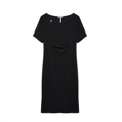 [190]G    Dushu Plus Size Women's Designer Cut-Out Square Neck Pleated Dress 2025 Summer New Arrival Black Mid-Length Dress